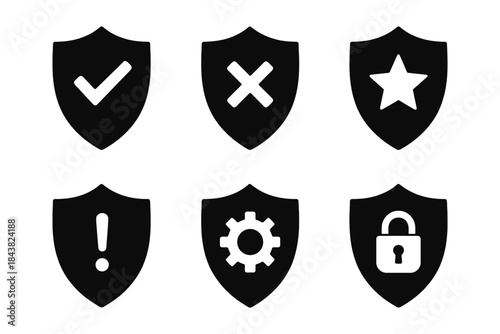 Set of security symbols with shield icons in black silhouette style for user interface design