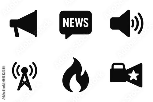 Black communication icons: megaphone, news, speaker, broadcast, flame, media