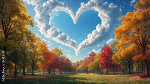 Heart-shaped cloud over autumn park