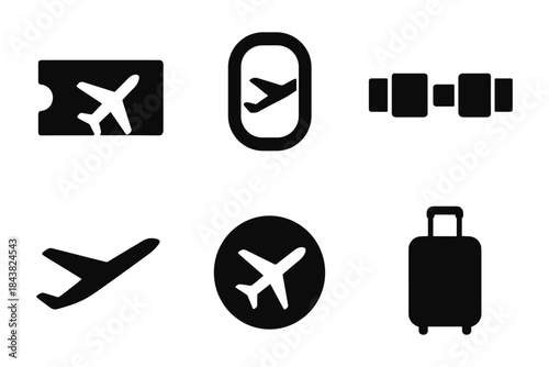 Travel essentials: black silhouette icons of plane, luggage, and ticket