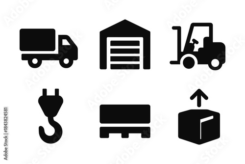 Warehouse icon set featuring forklift, truck, and storage container in silhouette style