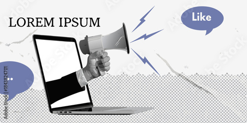 A hand holding a megaphone emerging from a laptop screen with speech bubbles