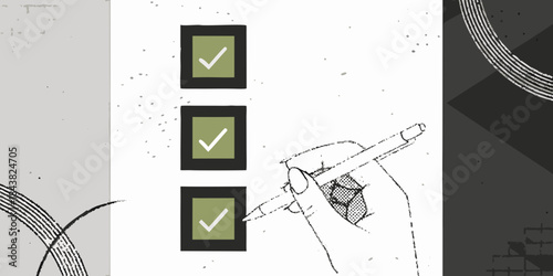 Checklist with hand holding a pen completing tasks in a simple illustration