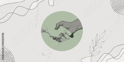 A symbolic illustration of a handshake within a green circular frame