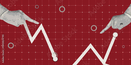 Hands interacting with a fluctuating line graph on a red grid background