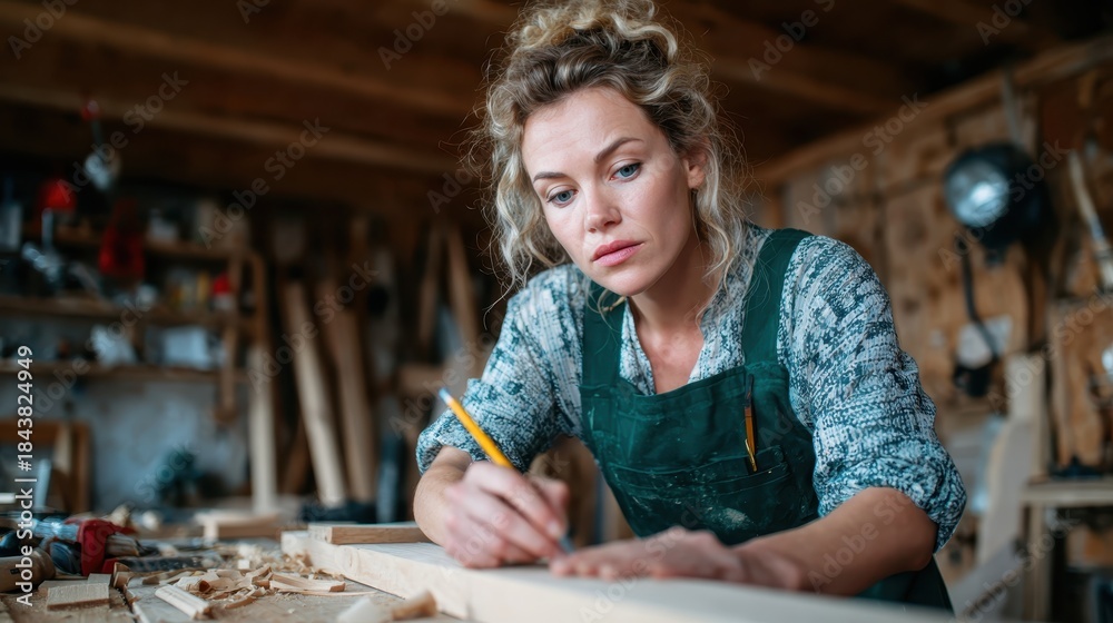 Fototapeta premium A focused female carpenter measuring and marking wood in her workshop, highlighting the empowerment and creativity of women in traditionally male-dominated trades.