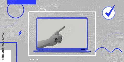 A laptop screen displaying a hand pointing with abstract design elements
