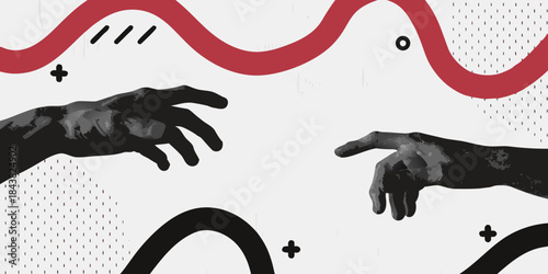 Reaching hands and abstract shapes create a dramatic and symbolic composition