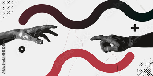 Abstract hands reaching towards each other with red and black wave shapes