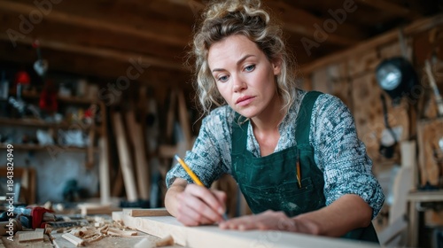 A focused female carpenter measuring and marking wood in her workshop, highlighting the empowerment and creativity of women in traditionally male-dominated trades.