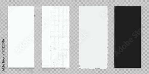 Four rectangular paper sheets white lined white and black on transparent background