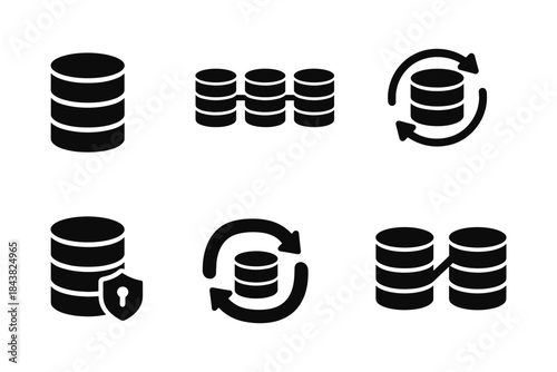 Database icons set: silhouette style data storage and management symbols