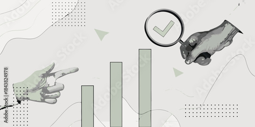 Analyzing growth and success with hands charts and a checkmark symbol