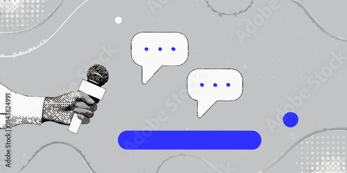 Interview setup with a microphone and speech bubbles in a modern design