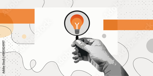 A hand holding a magnifying glass over a glowing light bulb illustration