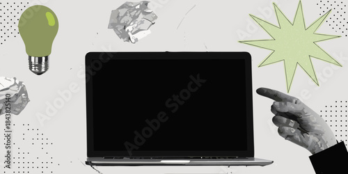 Laptop with hand pointing lightbulb crumpled paper and starburst design