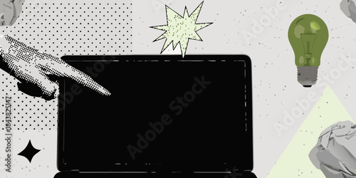 A hand interacting with a laptop screen alongside lightbulb and star elements