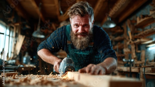 A dedicated woodworker skillfully cutting wood in his workshop, showcasing intense focus and dedication to craftsmanship surrounded by an array of tools and materials.
