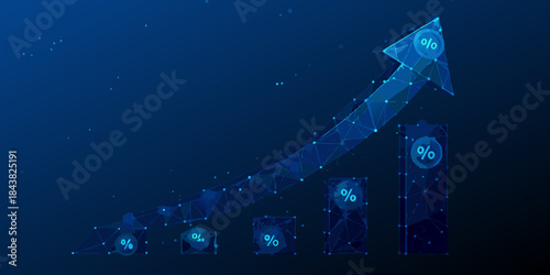 Blue polygonal arrow pointing upwards with percentage symbols representing growth