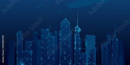 Futuristic cityscape with glowing polygonal buildings and a network connection