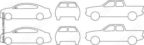 Minimalist black and white vehicle icons set with cars trucks scooters motorcycles silhouettes line art transportation collection illustration