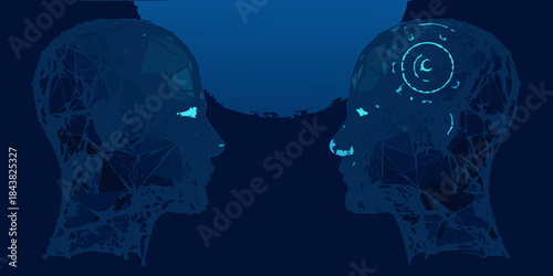 Two geometric heads facing each other constructed from fragmented digital lines