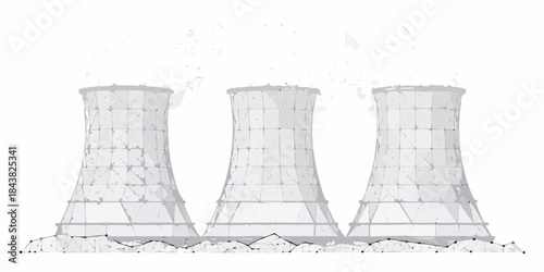 Illustration of three cooling towers with a rocky base monochrome style