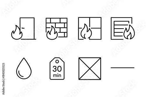 Fire safety icons set in minimalist outline style with heat resistance symbols