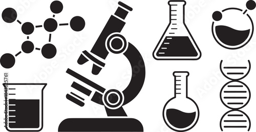"Vector Science Icons Set - Microscope, Chemical Flask, Molecule, and DNA Symbols"