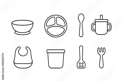 Essential baby feeding set icons in minimalist line art style