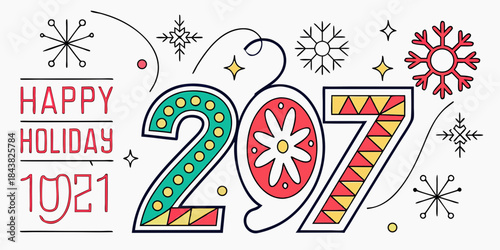 2027 Holiday Greeting – Festive Illustration with Geometric Digits, Snowflakes, Stars and Colorful Decorative Elements – Modern Christmas and New Year Artwork for Seasonal Branding and Prints