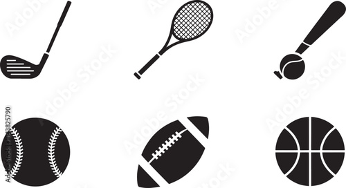 "Set of Four Minimalist Vector Sport Icons - Golf, Tennis, Baseball, and American Football"