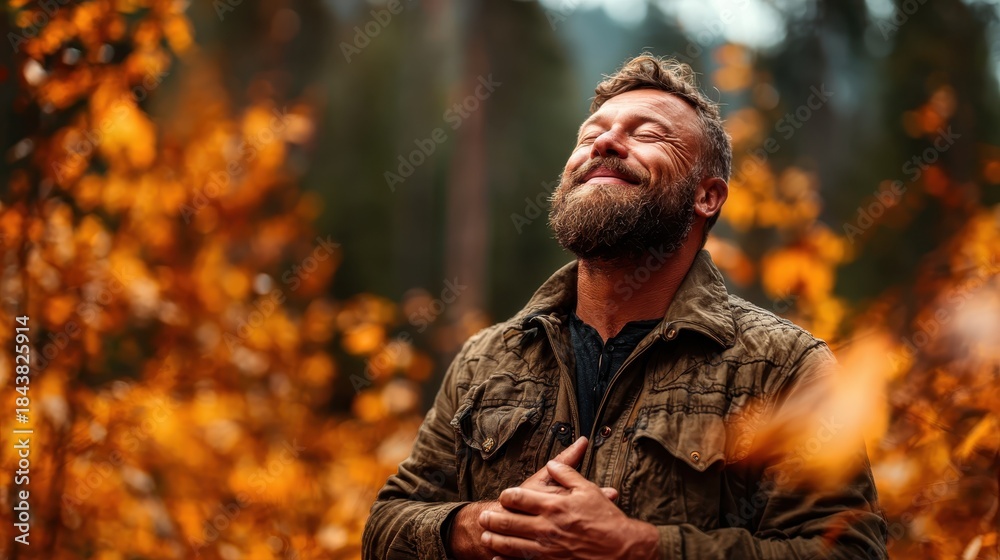 Fototapeta premium A smiling man stands amidst beautiful autumn foliage, absorbing nature's serene ambiance, radiating contentment, peace, and gratitude in a picturesque setting.