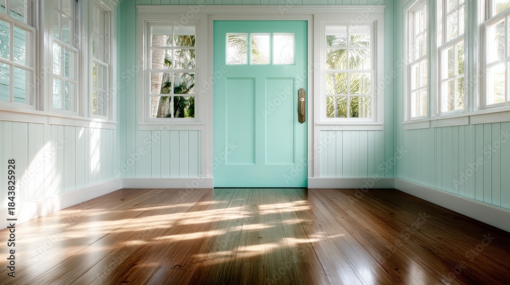 Fototapeta premium A peaceful interior showcasing a mint green door surrounded by large windows, inviting natural light, emphasizing tranquility and freshness in a stylish home environment.