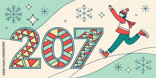 2027 Winter Holiday Illustration – Colorful Geometric Digits with Snowflakes, Stars and Joyful Character in Pastel Tones – Modern Seasonal Artwork for Festive Branding, Cards and Prints