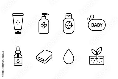 Essential baby care icons: linear style set for lotion, shampoo, towels, and more