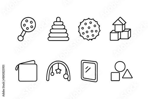 Minimalist baby toys collection: line art icons of rattle, blocks, and shapes