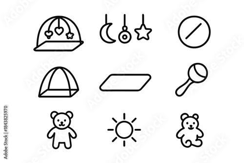 Minimalist baby toys icon set: play gym, bear, rattle and more
