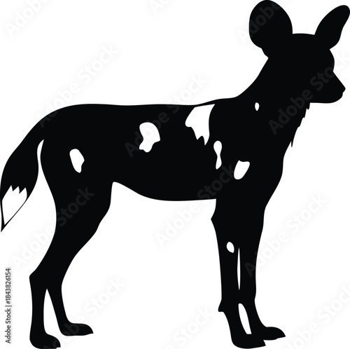 Elegant Black Silhouette of a Spotted Wild Dog with a Distinctive Bushy Tail