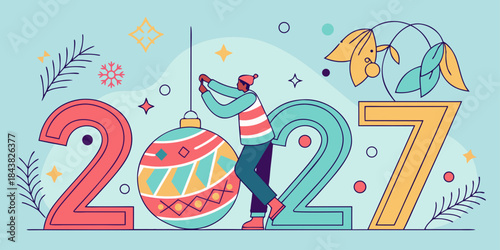 2027 Holiday Greeting – Modern Festive Illustration with Decorative Digits, Ornaments, Stars and Leaves on Pink and Blue Background – Colorful New Year Artwork for Seasonal Branding and Prints
