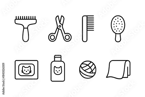 Essential pet grooming tools and accessories in minimalist icons