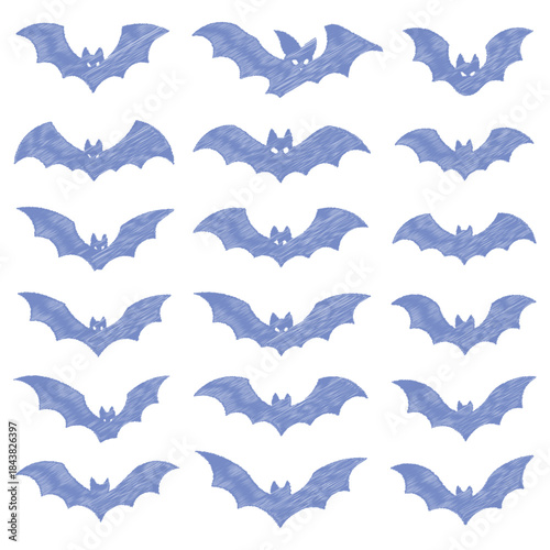 Cute blue bat pattern with repeating flying silhouettes. Seamless cartoon bats create a playful Halloween background. Ideal for kids designs, fabric prints, and decorative illustrations.