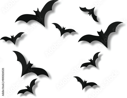 Flying bat silhouettes arranged in a dynamic circular composition. Perfect for Halloween themes, spooky decorations, and dark fantasy designs. High-contrast shapes ideal for posters and digital art.