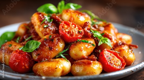 This enticing image features a hearty plate of gnocchi drenched in a rich tomato sauce, garnished with basil, showcasing a delicious Italian dish that evokes comfort and warmth.