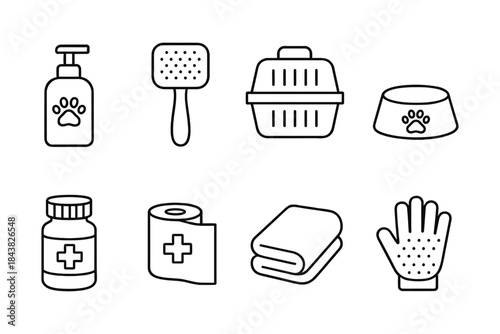 Essential pet care icons: grooming, feeding, and veterinary supplies in minimalistic line art style