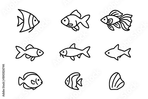 Set of simple line art fish illustrations for minimalist designs
