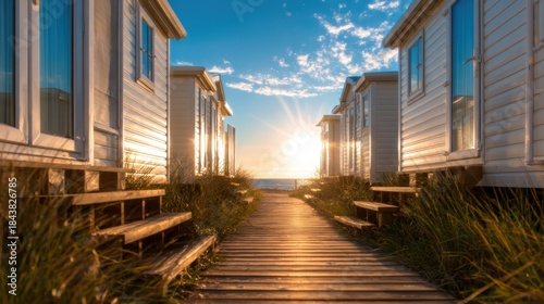 A picturesque pathway lined with charming beach cabins leads to a vibrant sunrise, evoking feelings of tranquility and relaxation near the oceanfront.
