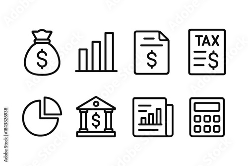 Financial icons set: money bag, chart, document, tax, pie, bank, report, calculator