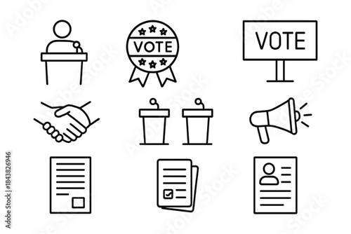 Linear political icons: voting, debate, and campaign symbols set