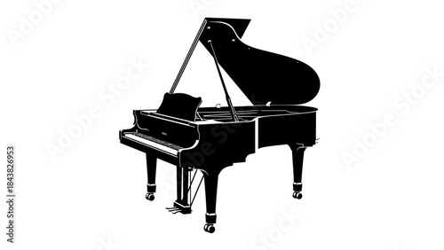A grand piano illustration with its lid open, showcasing the intricate details of a classic musical instrument in a black and white design